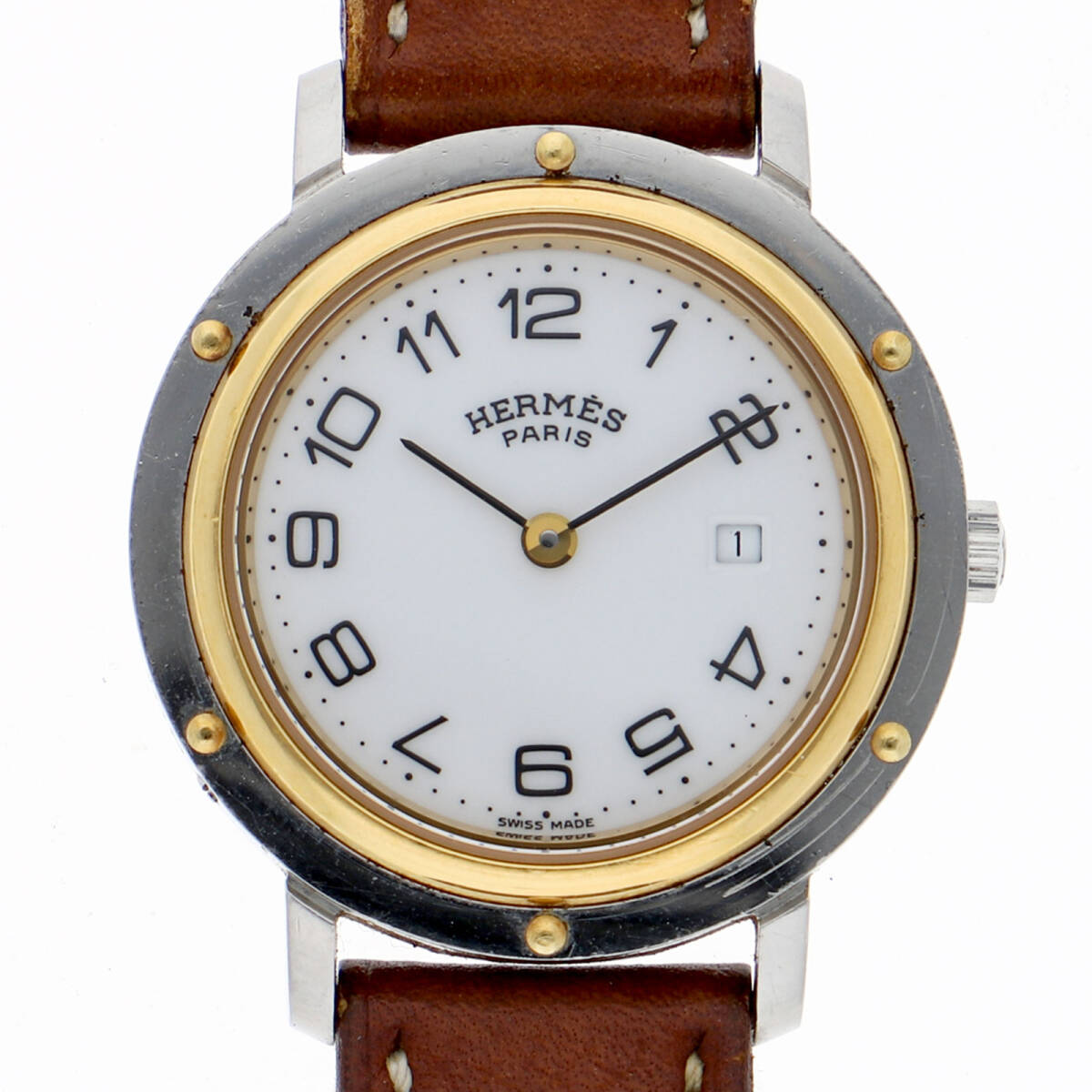 HERMES エルメス クリッパー ホワイトダイヤル SS/レザー/GF クオーツ レディース【134161】拍卖