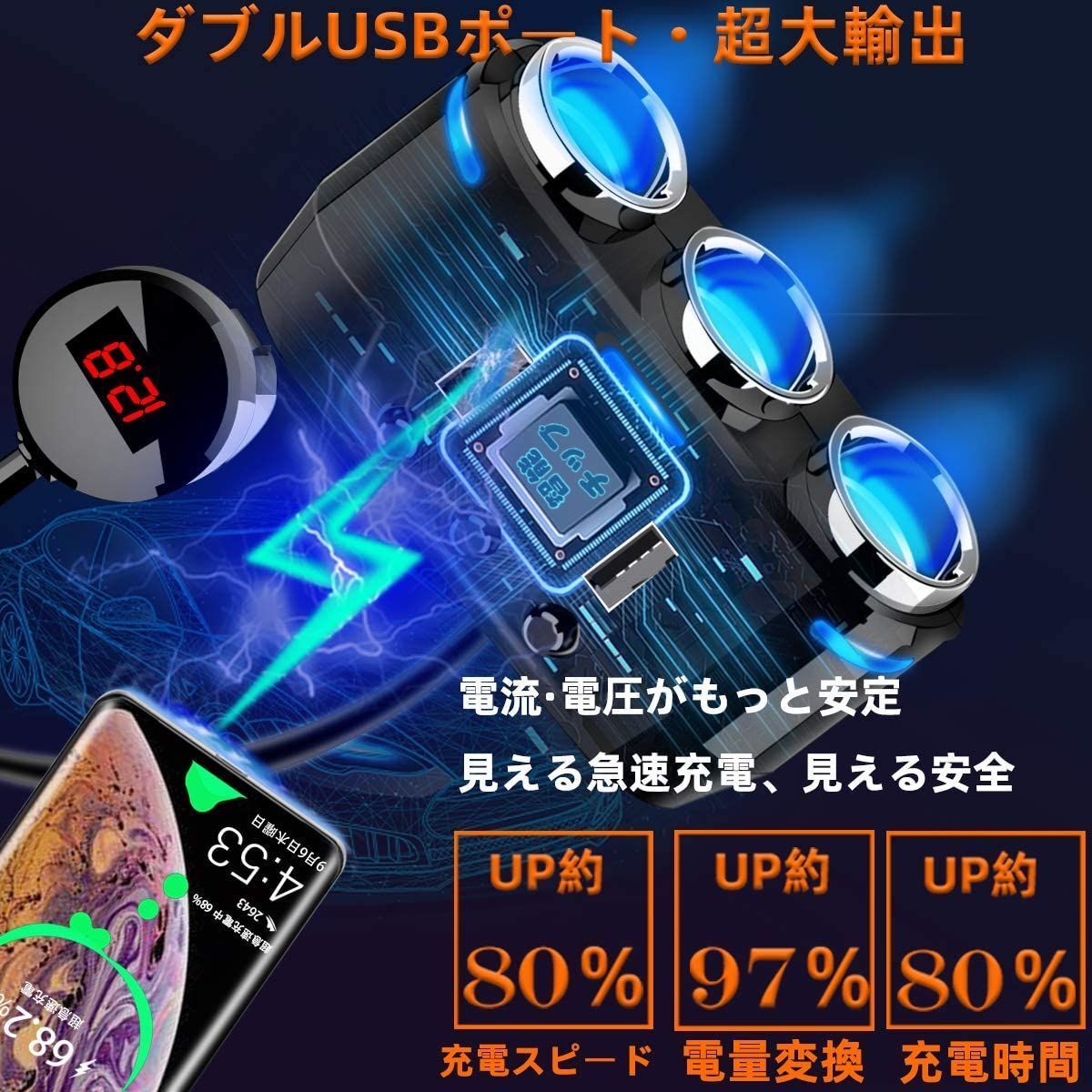 シガーソケット3連 2ポート付き USB充電器拍卖
