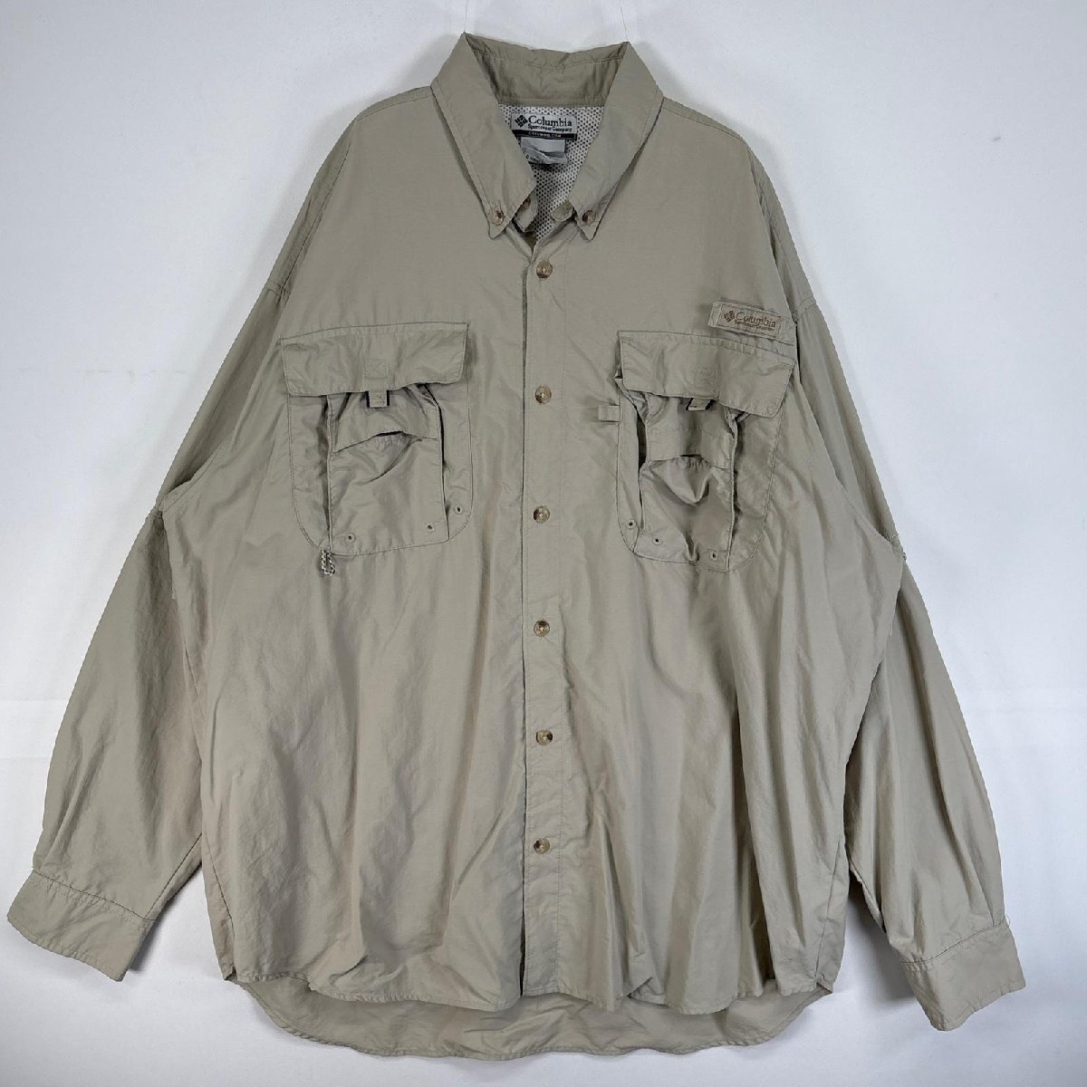 古着 コロンビア Columbia 長袖シャツ PFG フィッシングギア フラップポケ ワンポイント ロゴ L ベージュ 無地 メンズ拍卖