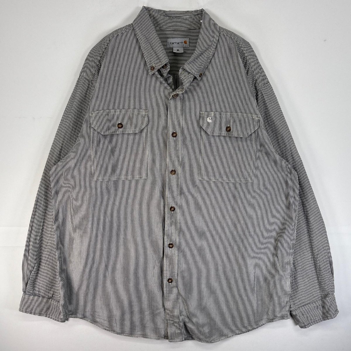 古着 カーハート Carhartt 長袖シャツ ヒッコリー 大きいサイズ ロゴ 刺繍 XL ネイビー ストライプ メンズ拍卖