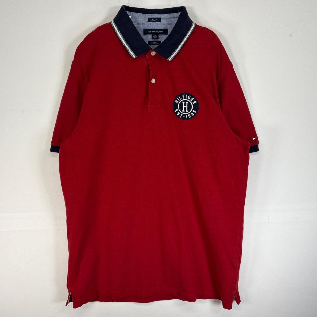 古着 トミーヒルフィガー TOMMY HILFIGER 半袖 ポロシャツ ロゴ 大きいサイズ 2ボタン XL レッド マルチカラー メンズ拍卖