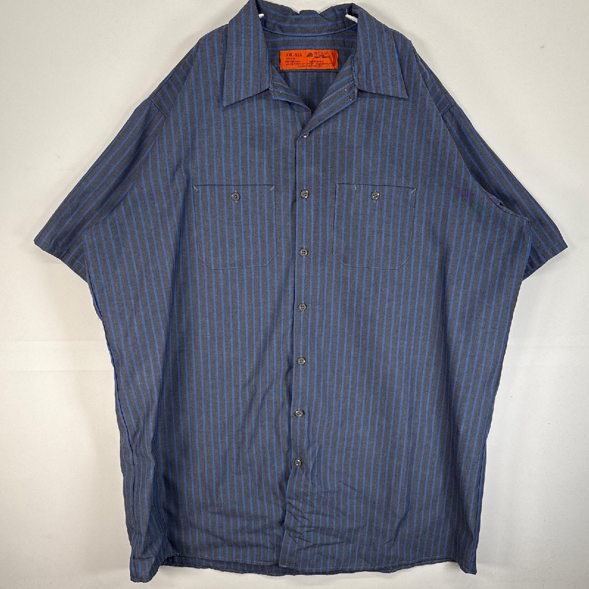 古着 レッドキャップ RED KAP 半袖シャツ ワーク 作業着 胸ポケ 大きいサイズ XXL グレー系 ストライプ メンズ拍卖