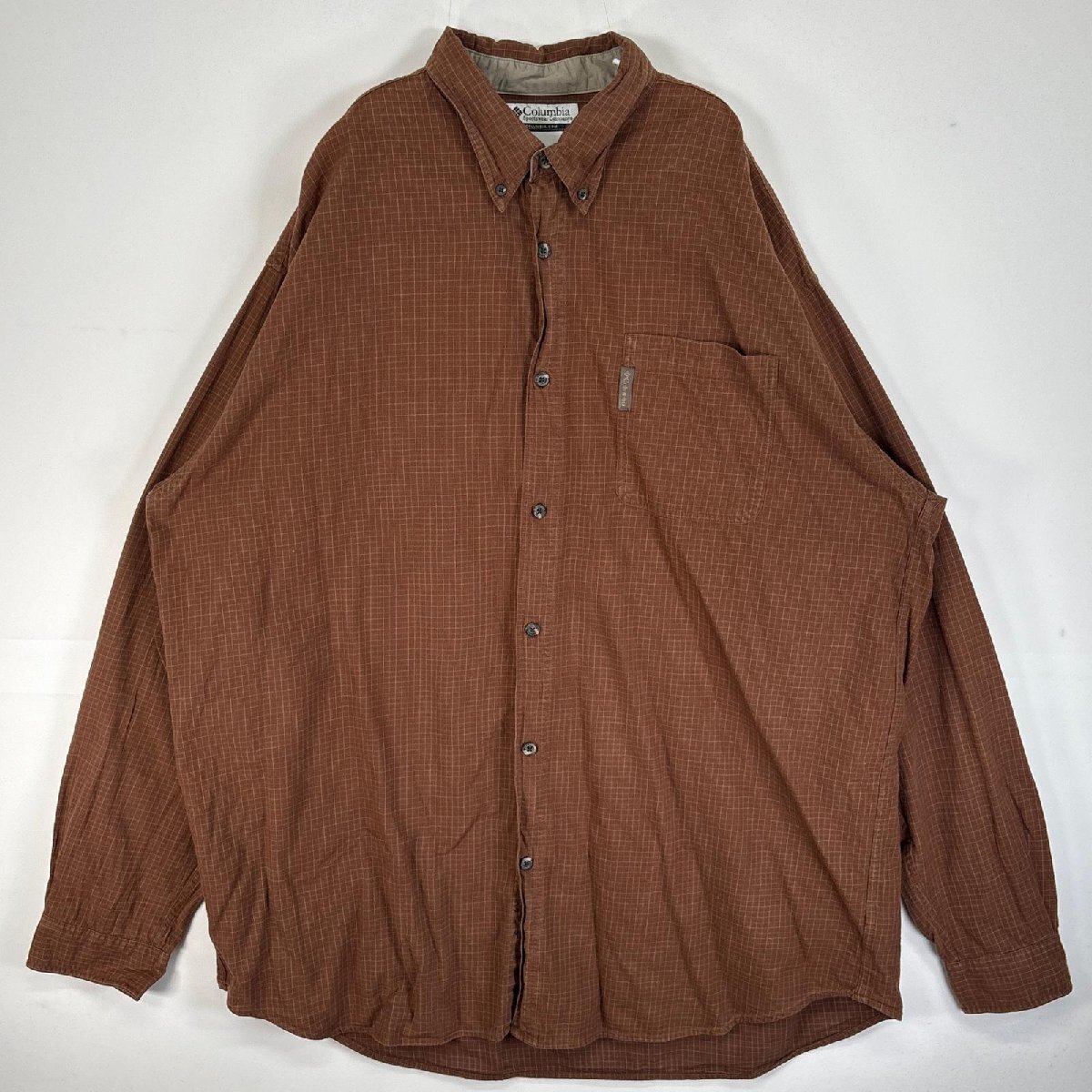 古着 コロンビア Columbia 長袖シャツ ワンポイント ロゴ 大きいサイズ 胸ポケ ボタンダウン XXL ブラウン系 チェック メンズ拍卖