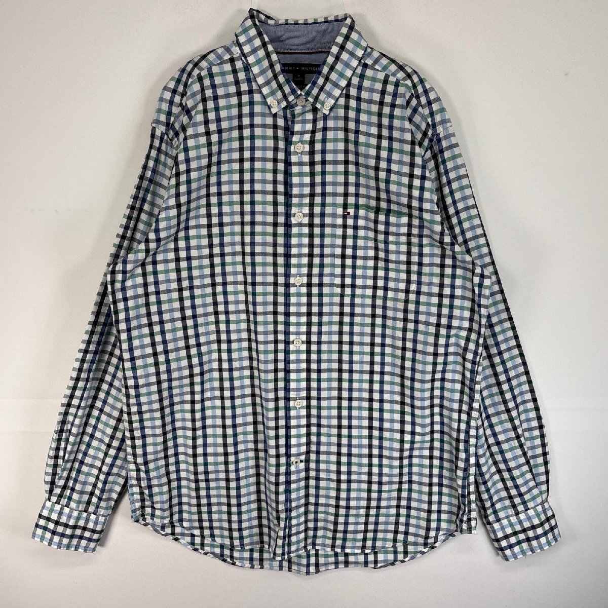 古着 トミーヒルフィガー TOMMY HILFIGER 長袖シャツ ロゴ 刺繍 チェック ボタンダウン M ブルー系 マルチカラー メンズ拍卖