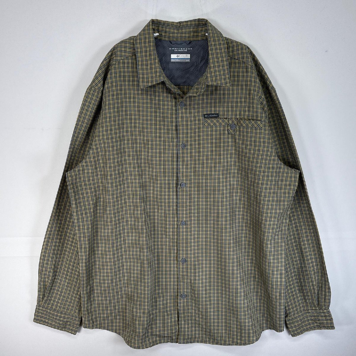 古着 コロンビア Columbia 長袖シャツ チェック ワンポイント ロゴ 胸ポケ アウトドア L イエロー系 マルチカラー メンズ拍卖