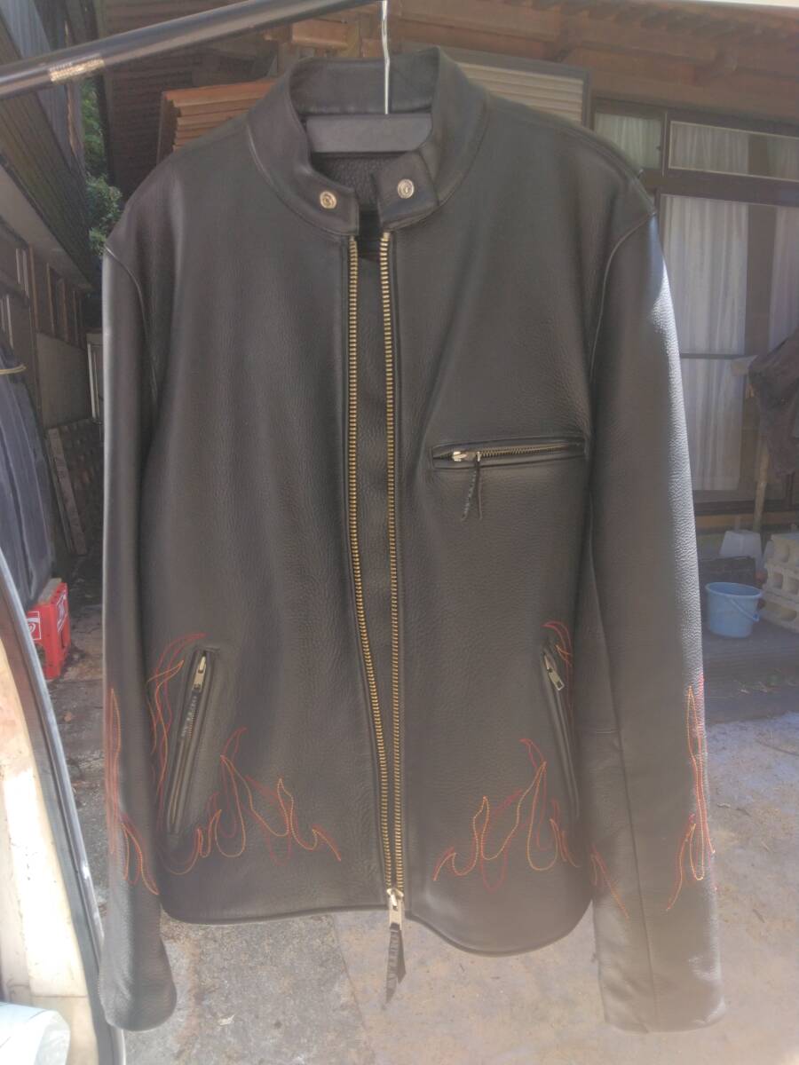 シングルライダースジャケット サイズ 46(XXL) ファイアパターンステッチ拍卖