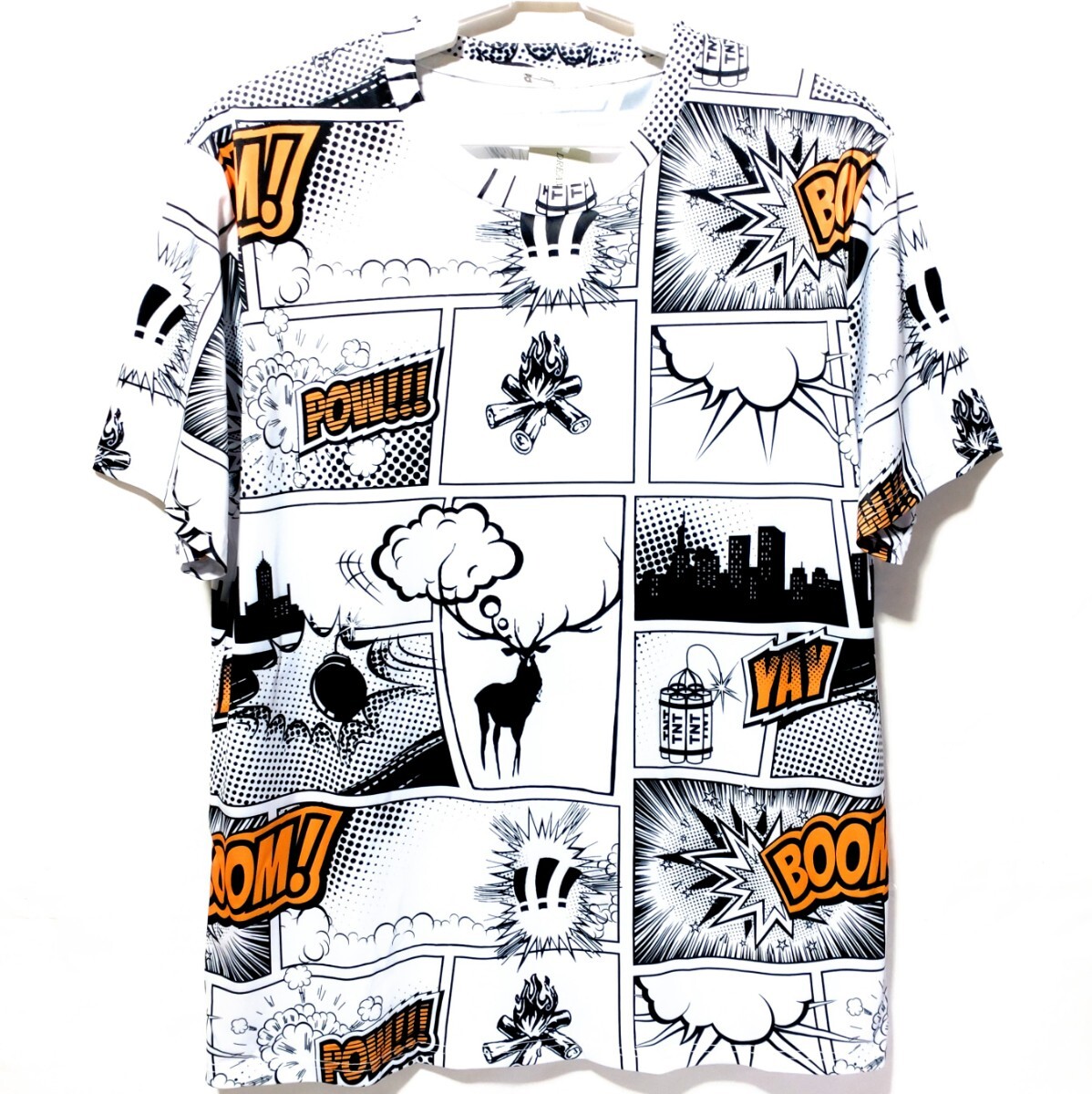 特価/未使用【サイズ=XL(LL)】ノーブランド/アメカジ/アメコミ柄/メンズ/半袖/Tシャツ/ビッグシルエット/胸囲=104~112cm/white拍卖