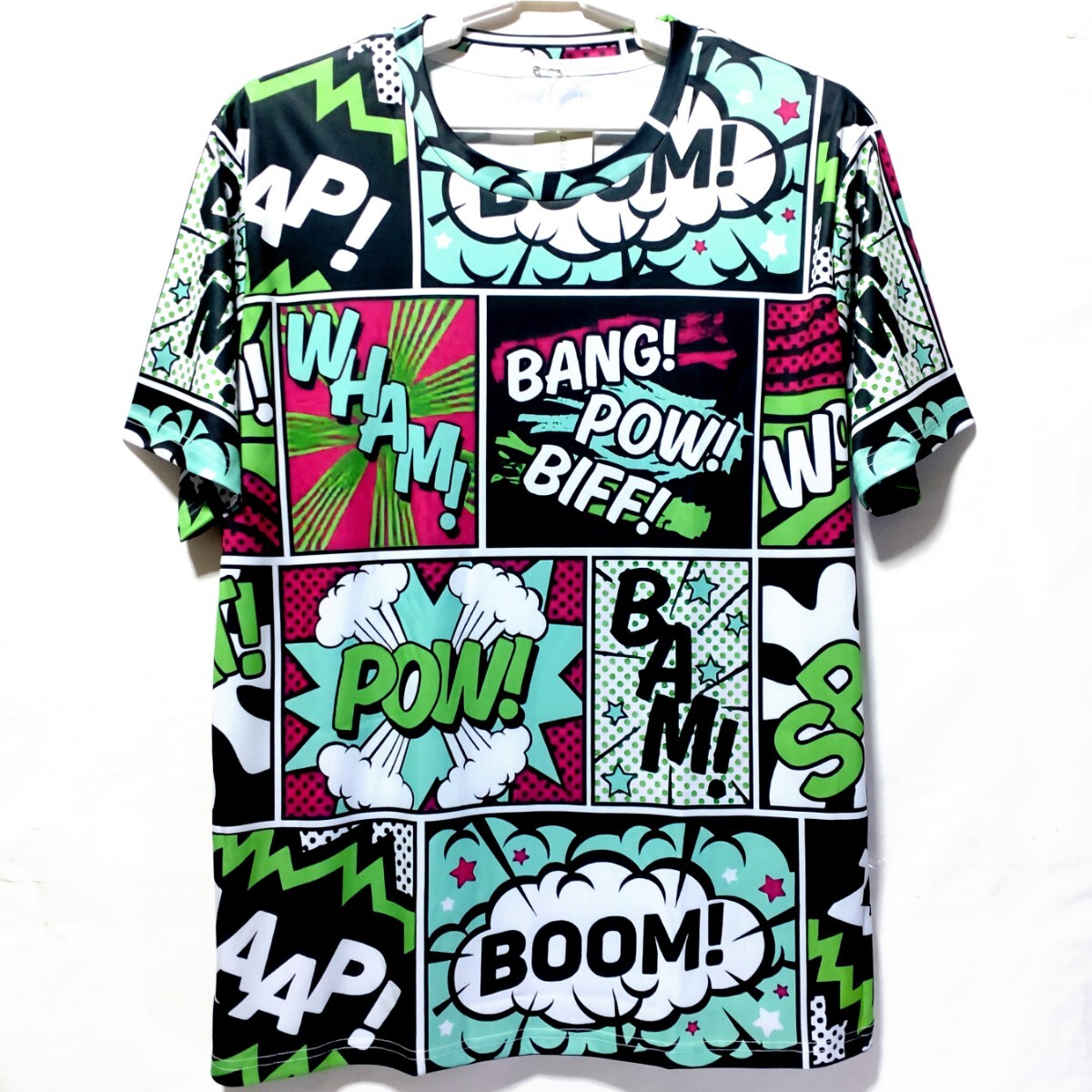 特価/未使用【サイズ=XL(LL)】ノーブランド/アメカジ/アメコミ柄/メンズ/半袖/Tシャツ/ビッグシルエット/胸囲=104~112cm/black×mint拍卖