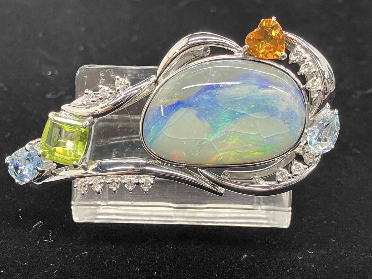 【簡易鑑別書付】K18WG ホワイトゴールド ダイヤモンド0.31ct/天然オパール18.21ct ブローチ トップ 16.2g拍卖