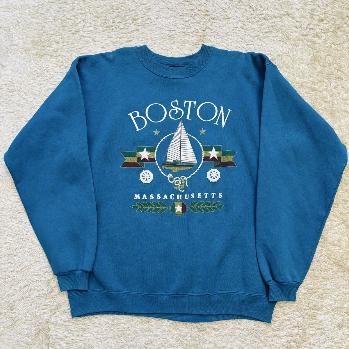 90s ヴィンテージ ボストンプリントスエットトレーナー ターコイズブルー hanesシグネチャー USA製拍卖