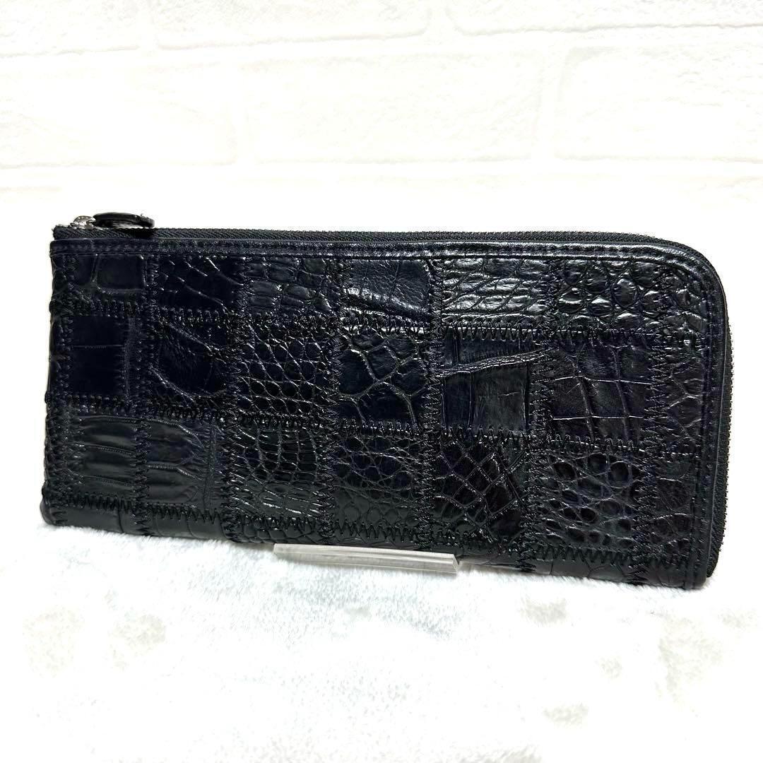 美品 クロコ パッチワークL字ファスナー長財布 ブラック 黒 レザー拍卖