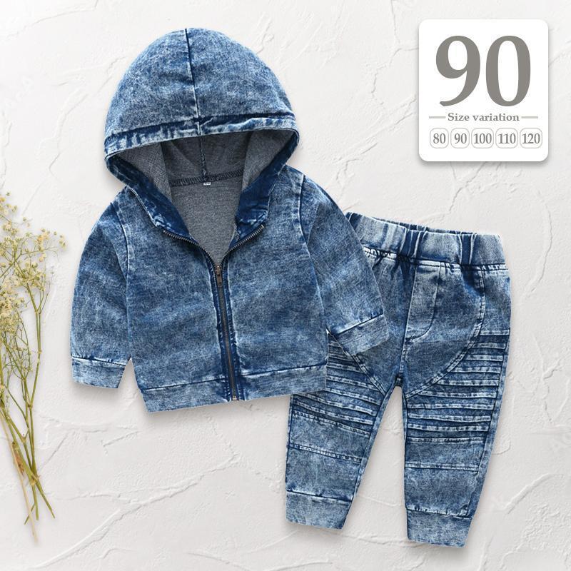 新品未使用 90cm ブルー〔#BMデニムセットアップ〕長袖 パーカー デニムパンツ 男の子 女の子 男女兼用 ダンス衣装 子供 キッズ ベビー拍卖