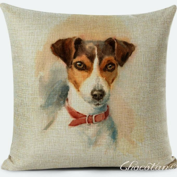 【送料無料】ジャックラッセル P 水彩画 コットンリネン 45x45cm クッションカバー【新品】拍卖
