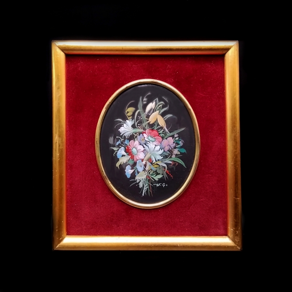 イタリア ヴィンテージ ミニアチュール 花束 ブーケ 水彩画 1950年代 ヴィンテージ額縁 アンティーク 骨董 蚤の市拍卖