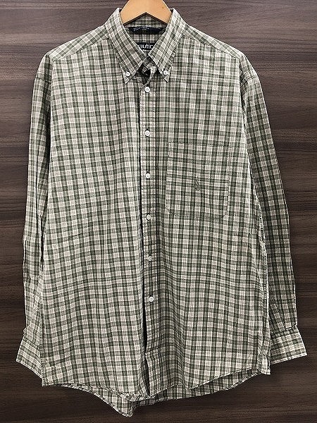 ノーティカ NAUTICA メンズカジュアルシャツ ボタンダウンシャツ 90s 長袖 Mサイズ カーキ系 チェック柄拍卖