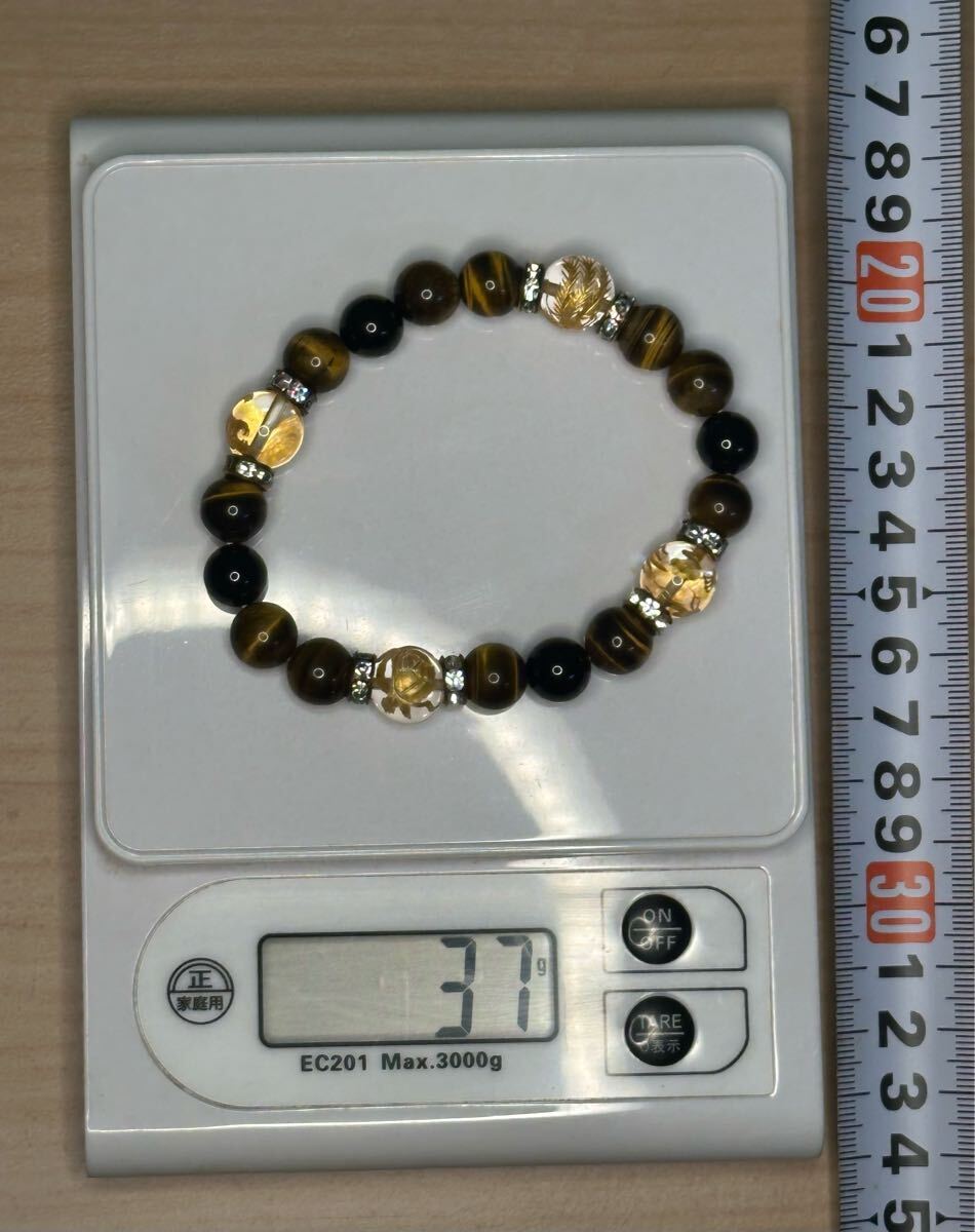 タイガーアイ 水晶 ブレスレット 四神 玄武、朱雀、青龍、白虎 金彫り 水晶12mm ブレスレット 天然石 パワーストーン アクセサリー拍卖
