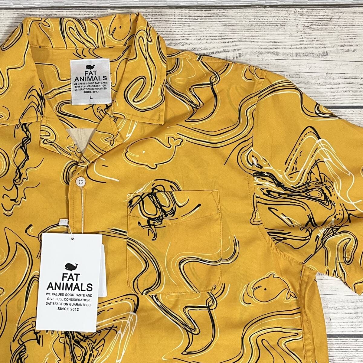 ★ Fat Animals (ファットアニマルズ) ★ Lサイズ 黄色 アロハシャツ オープンカラーシャツ 開襟シャツ くじら (タグ付き新品未着用)拍卖