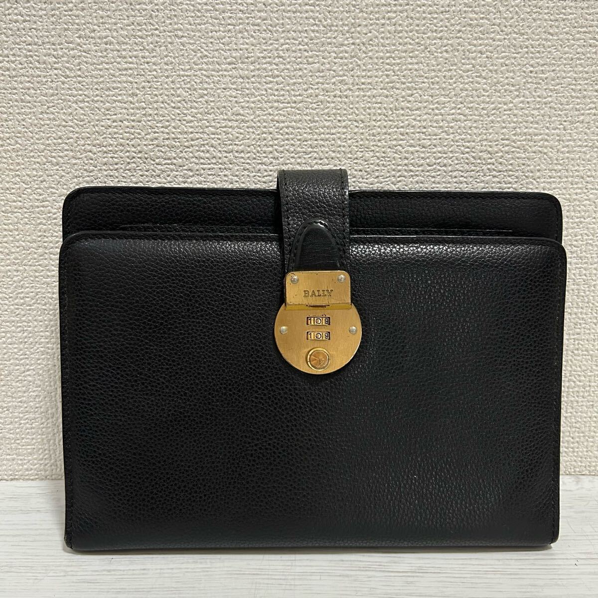 イタリア製 BALLY バリー メンズ レディース クラッチバッグ セカンドバッグ 長財布機能 黒色 ブラック ゴールド金具 本革 レザー ブランド拍卖