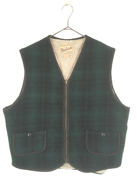 古着 90s USA製 WoolRich 裏ボア オンブレ シャドー チェック ウール ベスト L拍卖