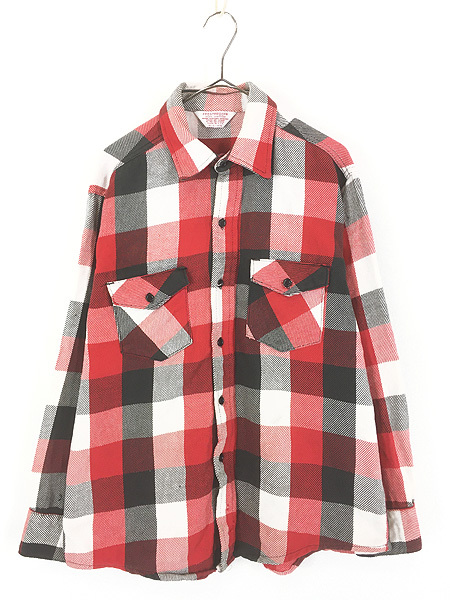 古着 70s USA製 FROSTPROOF ブラック × レッド × ホワイト ブロック チェック ヘビー フランネル シャツ ヘビネル L拍卖