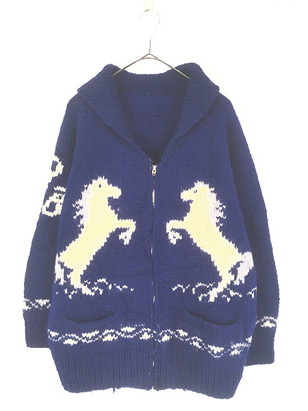 古着 60-70s 白馬 ウマ 総柄 ショールカラー ローゲージ ウール ニット カウチン カーディガン ジャケット L位拍卖