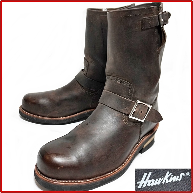 即決★Hawkins★メンズ25.5㎝ レザーエンジニアブーツ ホーキンス 本革 ブラウン 茶 ライディング バイカー 革靴 本皮拍卖