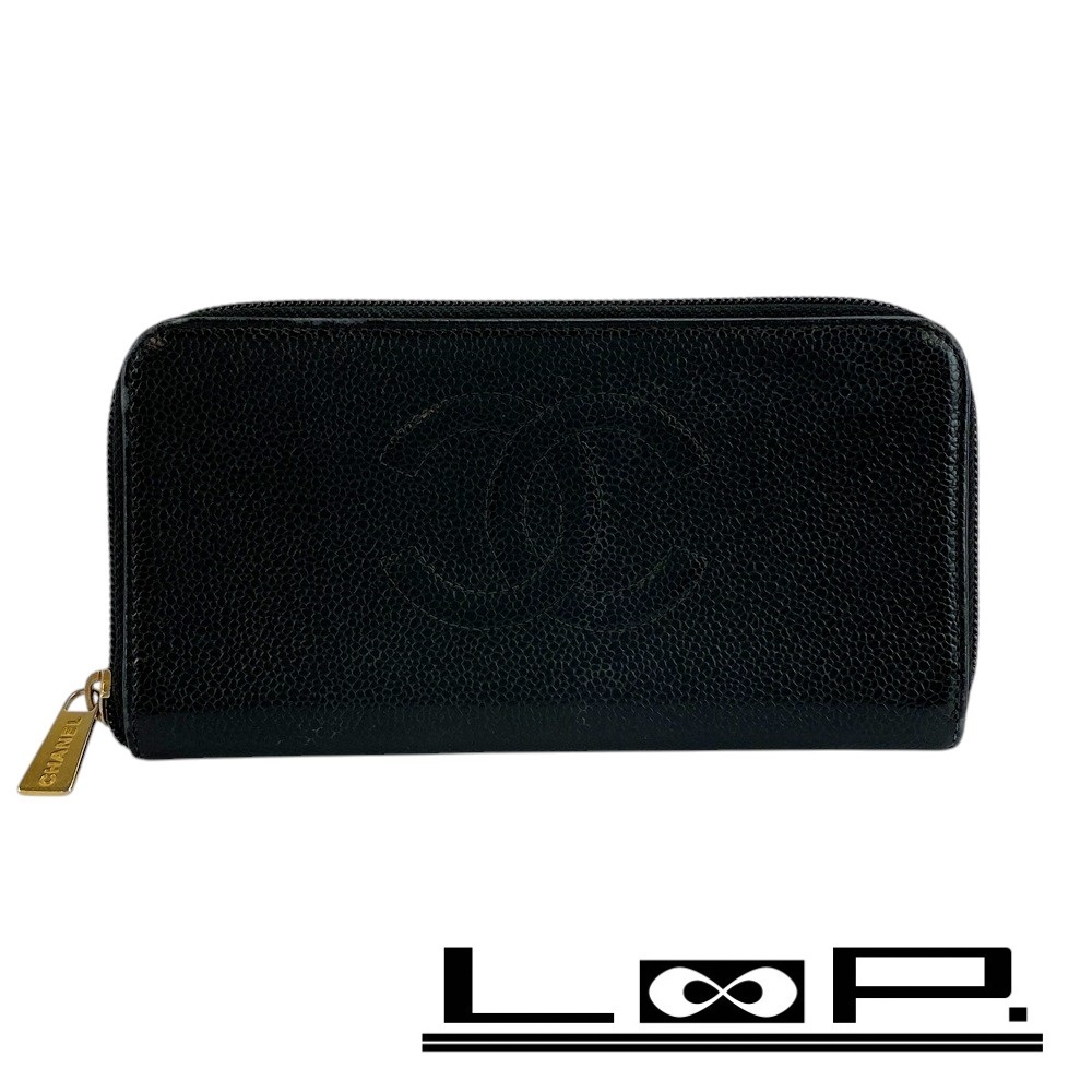 ■中古■ シャネル ラウンド ジップ 長財布 ウォレット キャビア スキン レザー ブラック 【417252】3拍卖