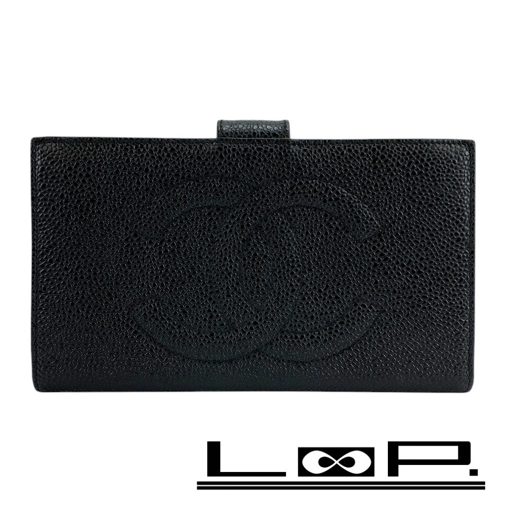 ■新同■ シャネル がま口 長財布 二つ折り ウォレット キャビアスキン ブラック 箱 【417375】3拍卖