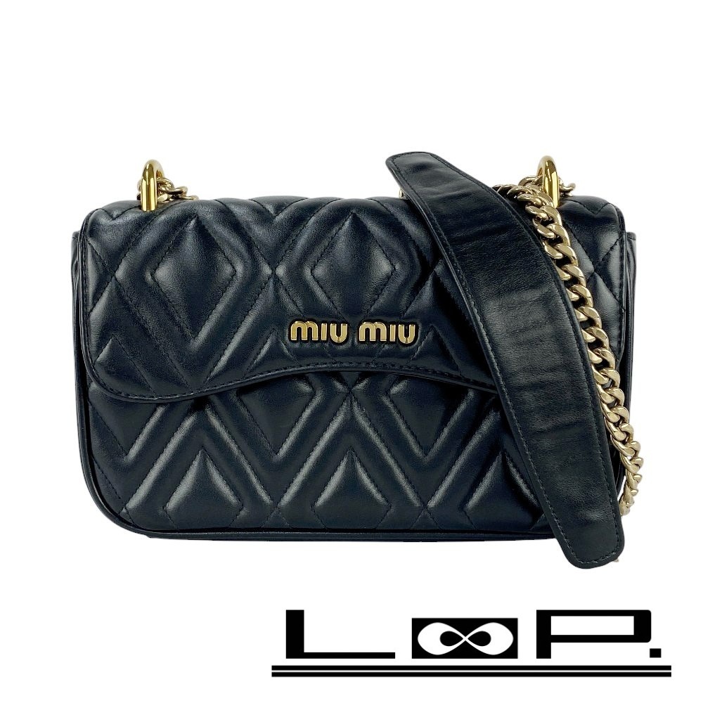 ■美品■ ミュウミュウ チェーン ショルダー バッグ キルティング レザー ブラック【419478】8拍卖