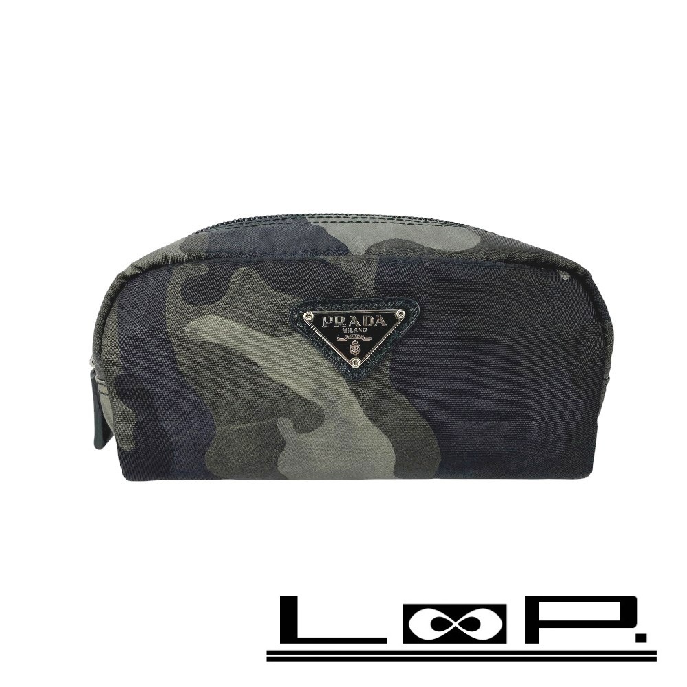 ■美品■ プラダ ポーチ 化粧ポーチ テスート ナイロン 迷彩 カモフラ グリーン系 h31463g【422201】8拍卖