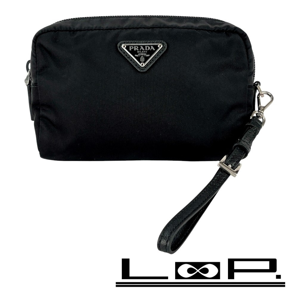 ■美品■ プラダ トライアングルロゴ ポーチ 小物入れ 化粧ポーチ ナイロン ブラック 1NE021【432385】9拍卖