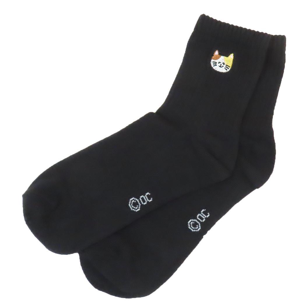 おえかきさん 女性用靴下 ししゅうソックス みけねこさんブラック オクタニ ワンポイント スクールソックス かわいい グッズ拍卖