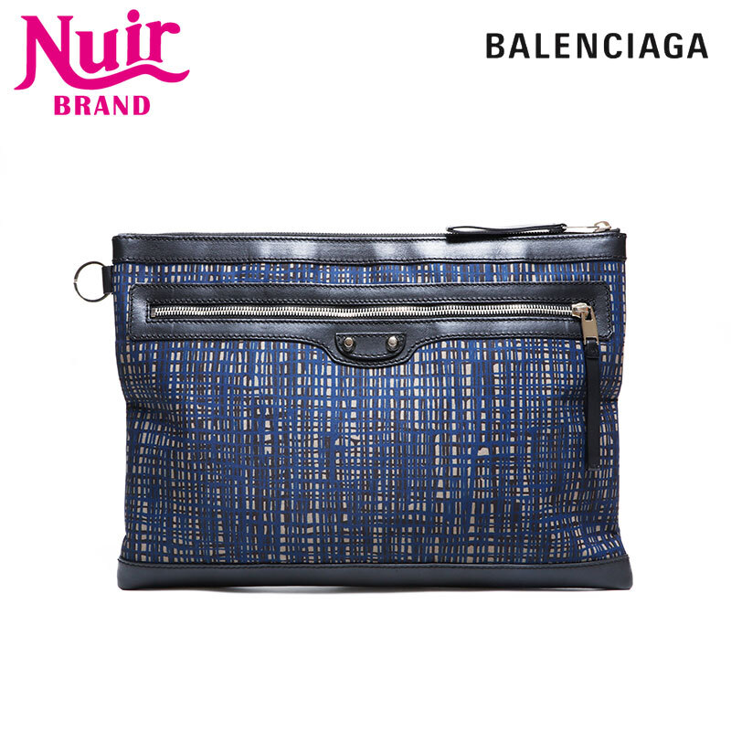 バレンシアガ BALENCIAGA クラッチバッグ クリップ ナイロン チェック ネイビー拍卖