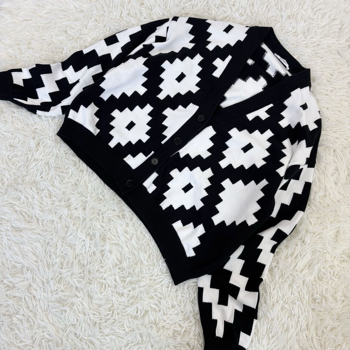 『近年モデル!』最高級白タグ!Max Mara マックスマーラ コットン 長袖 カーディガン M 総柄 モノトーン ブラック×ホワイト 国内正規品拍卖