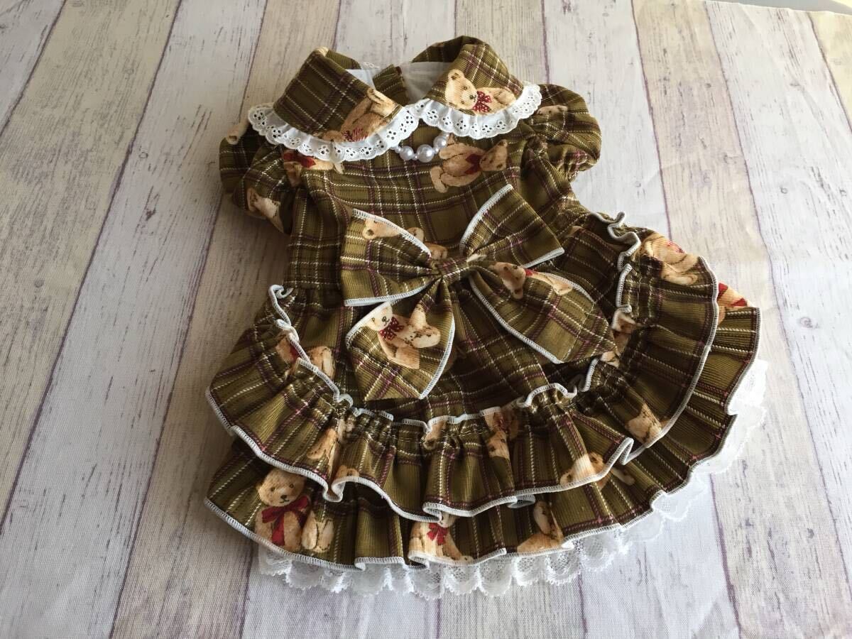 ◎胴囲34◎テディベア*ブラウンコールテン*チェック*フリルスカート姫ワンピ*前開き拍卖