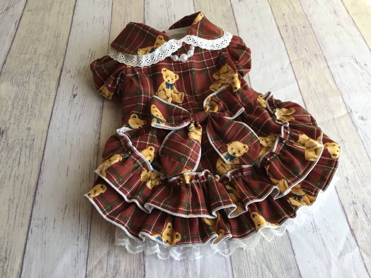 ◎胴囲34◎テディベア*レッドコールテン*チェック*フリルスカート姫ワンピ*前開き拍卖