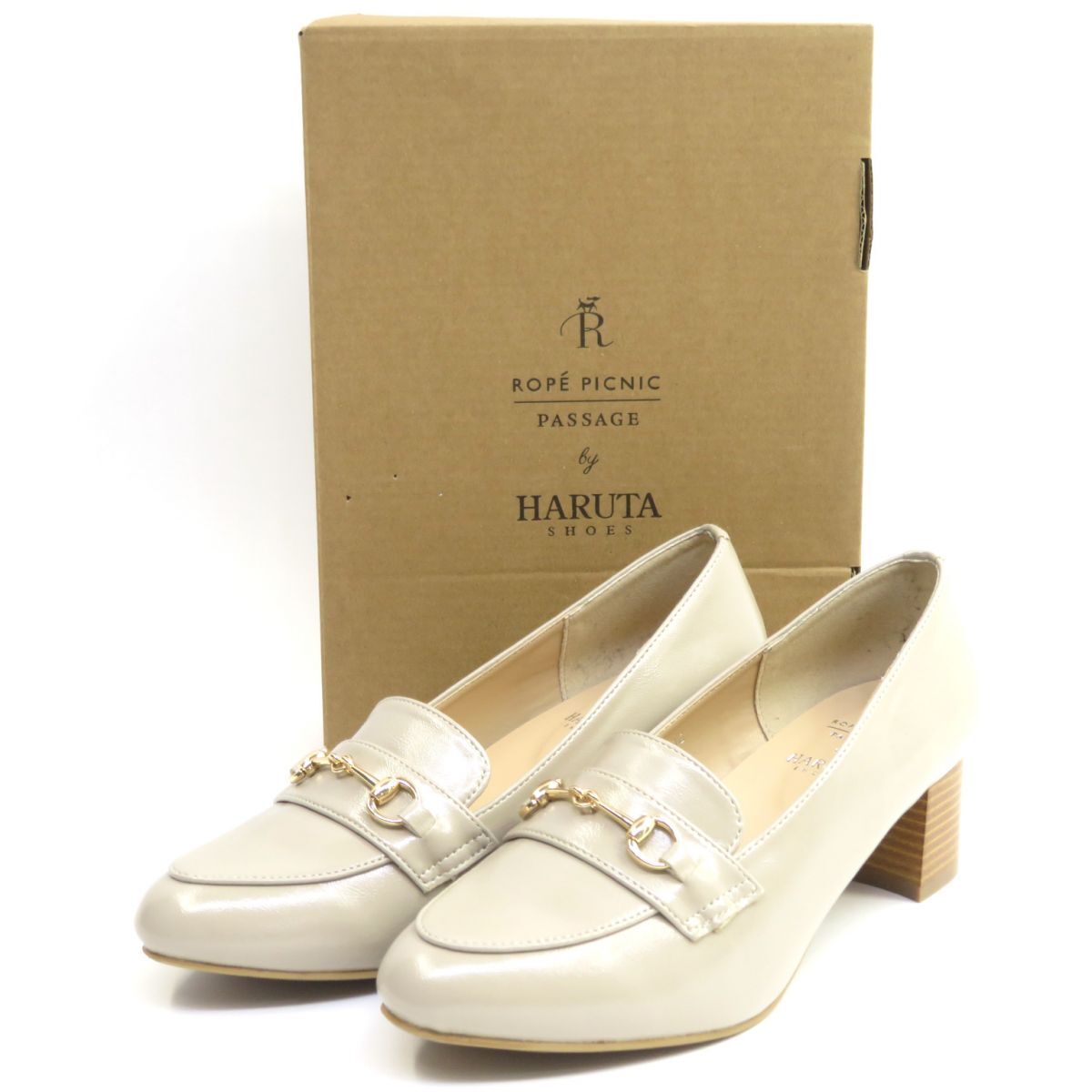 157 Rope Picnic ロペピクニック × HARUTA ハルタ エナメルビット付ヒールアップローファー GIA-64010C グレージュ 24cm 箱有 ※中古拍卖