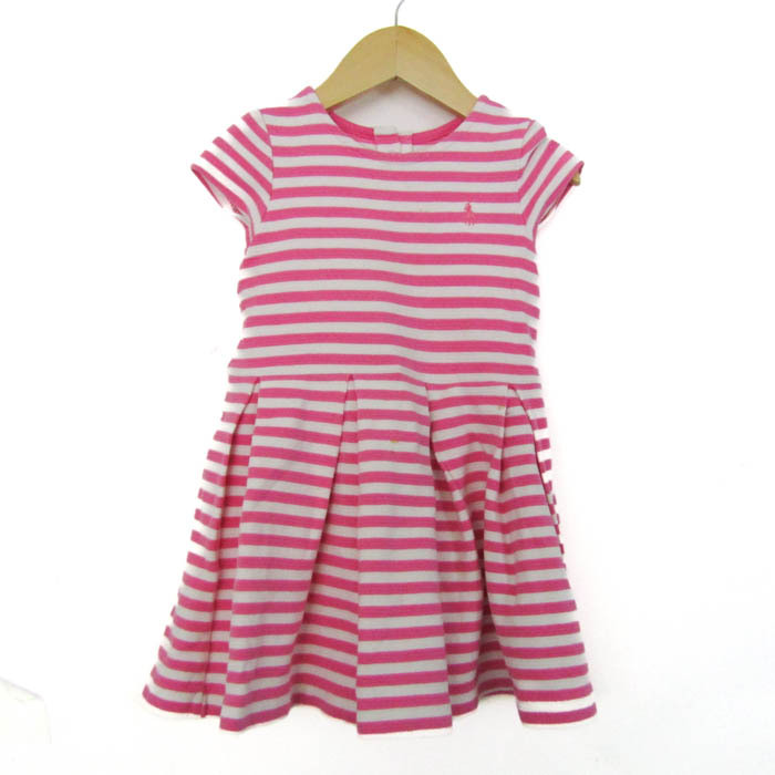 ラルフローレン ワンピース トップス 半袖 ボーダー柄 ギャザースカート ベビー 女の子用 24Mサイズ ピンク×白 RALPH LAUREN拍卖