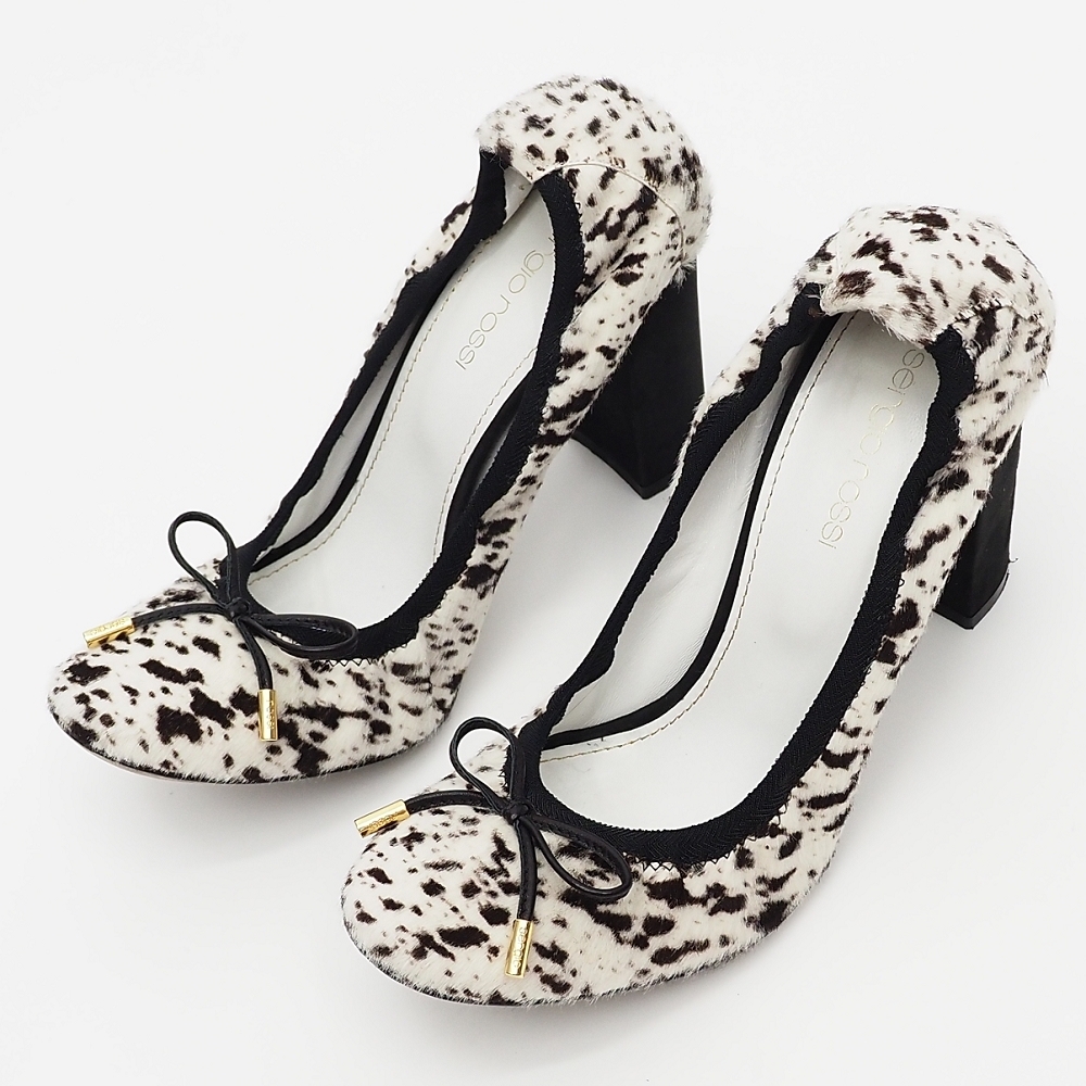 I0600 美品 Sergio Rossi ハラコレザー パンプス 【サイズ:37】 ホワイト/ブラック バレエ セルジオロッシ レディース拍卖