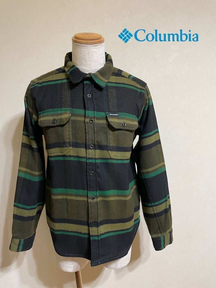 【良品】 Colombia コロンビア アウトドア レギュラーフィット 厚手シャツ サイズM 長袖 ボーダー柄 黒緑カーキ 219AE0036拍卖