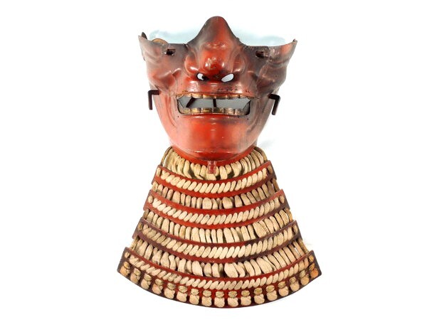 鉄地/朱塗面頬/鉄製/鎧兜/甲冑/武具/骨董/古美術/美術品/時代物拍卖