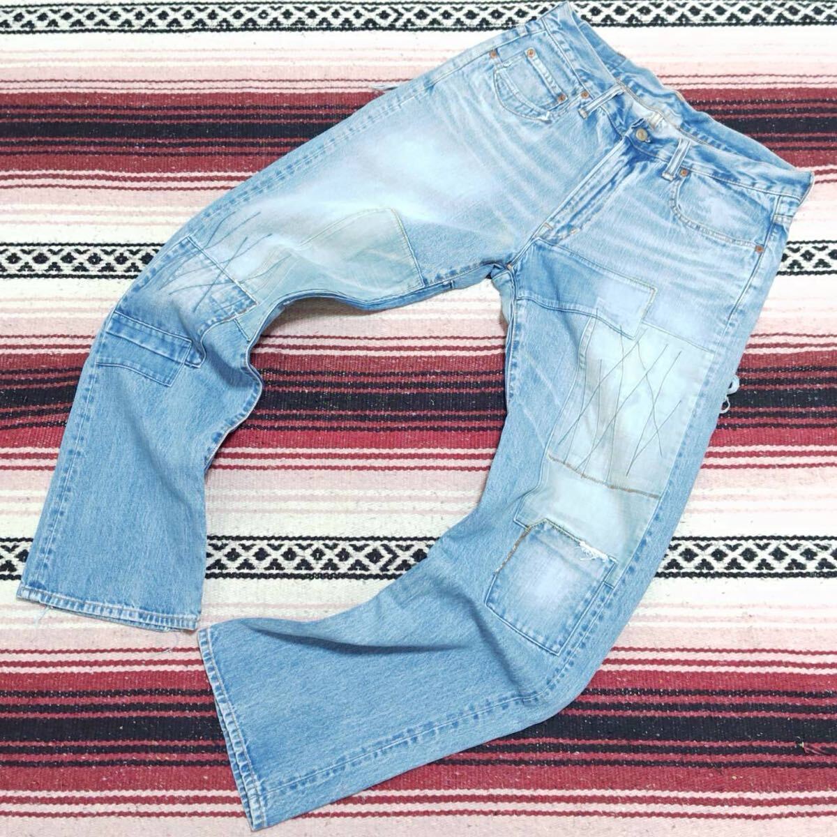 日本を代表するアメカジブランド◎【BLUE BLUE】ブルーブルー デニム ジーンズ パンツ リペア リメイク ダメージ加工 ワイド w35 /Y36400ji拍卖