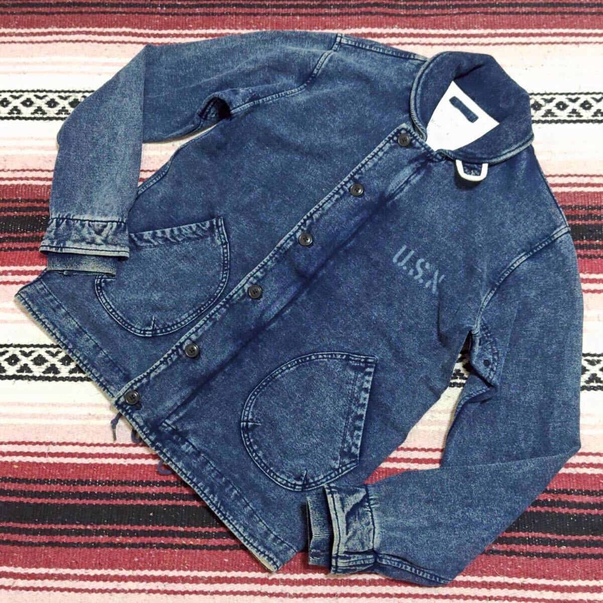雰囲気抜群◎【HOUSTON】ヒューストン スウェットブルゾン U.S.N. ミリタリー デッキジャケット デニムルック インディゴ L /Y36401ji拍卖