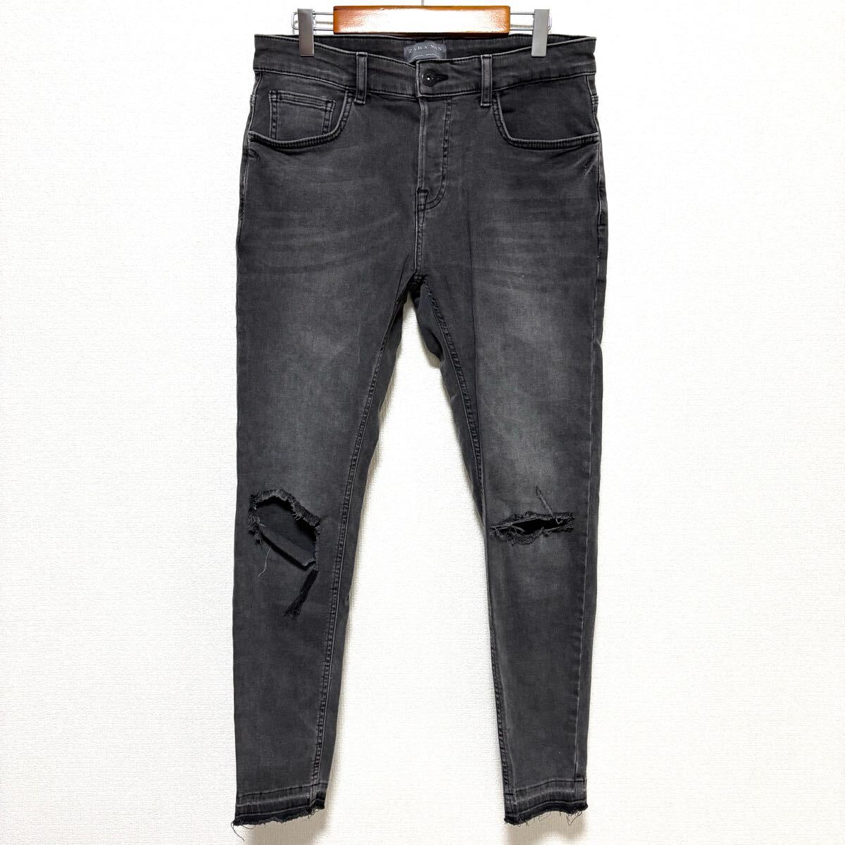 主役デニム◎【ZARA MAN】ザラマン デニムパンツ スキニー ジーンズ ストレッチ ダメージ加工 クラッシュ 脚長 細身 グレー EUR42/Y28460zz拍卖