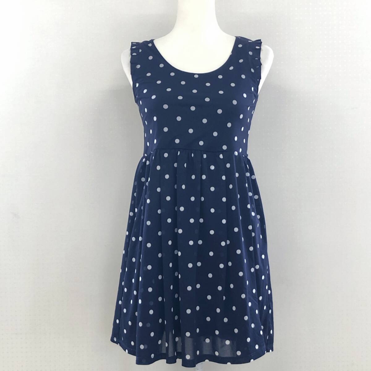 Y2080 美品 GU レディース ワンピース 袖無し 薄手 伸縮性 裏地 S ネイビー 紺 ドット 水玉 シンプル かわいい おしゃれ 涼しげ 夏 拍卖