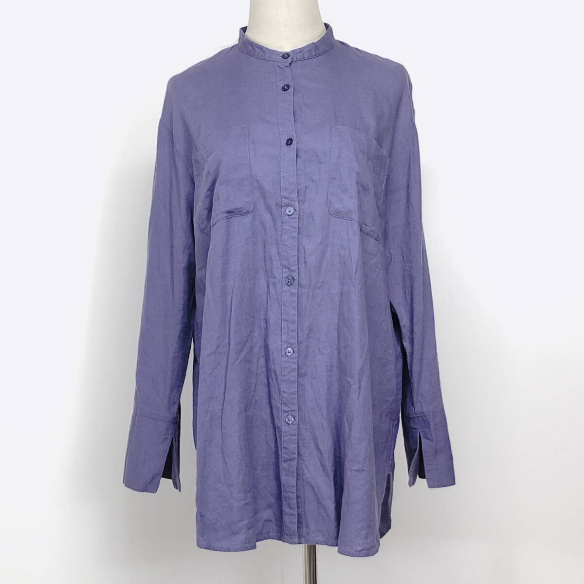 Y1136 GU ジーユー レディース トップス シャツ 長袖 両胸ポケット 4つ穴ボタン 薄手 Lサイズ パープル 無地 麻素材含 シンプル カジュアル拍卖