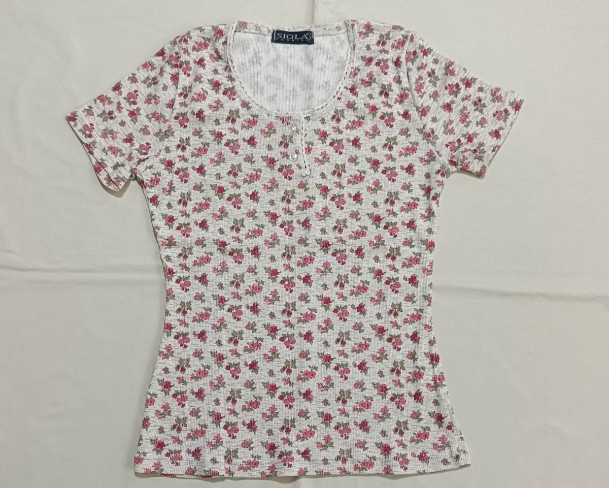 SIGLA MILANO ITALY イタリア製 半袖 カットソー レディース M 小花柄 総柄 レース リブ素材 7939拍卖