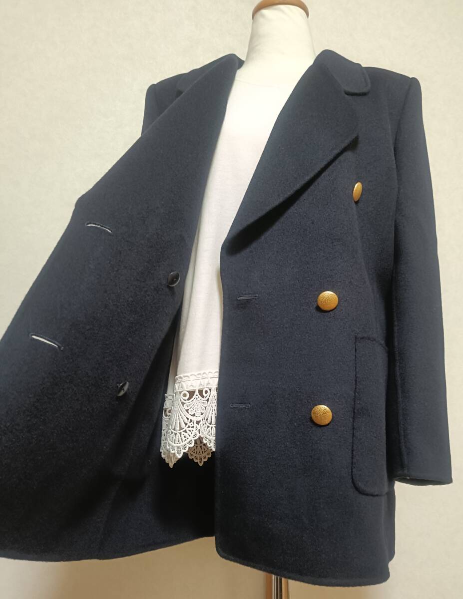 宅急便送料込み SABURO カシミヤ 100% コート ダブル テーラード ジャケット 金ボタン ハーフ ショート レディース 40 紺 ネイビー 8057拍卖
