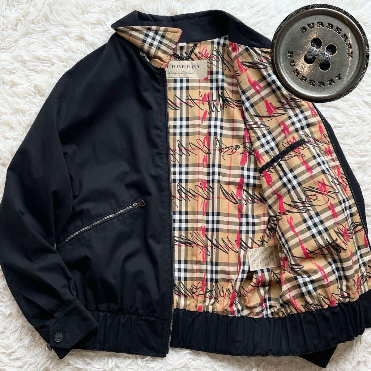 美品 XLサイズ BURBERRY トロピカルギャバジン ハリントンジャケット ブラック メンズ バーバリー スクリブルチェック ノバチェック 黒拍卖