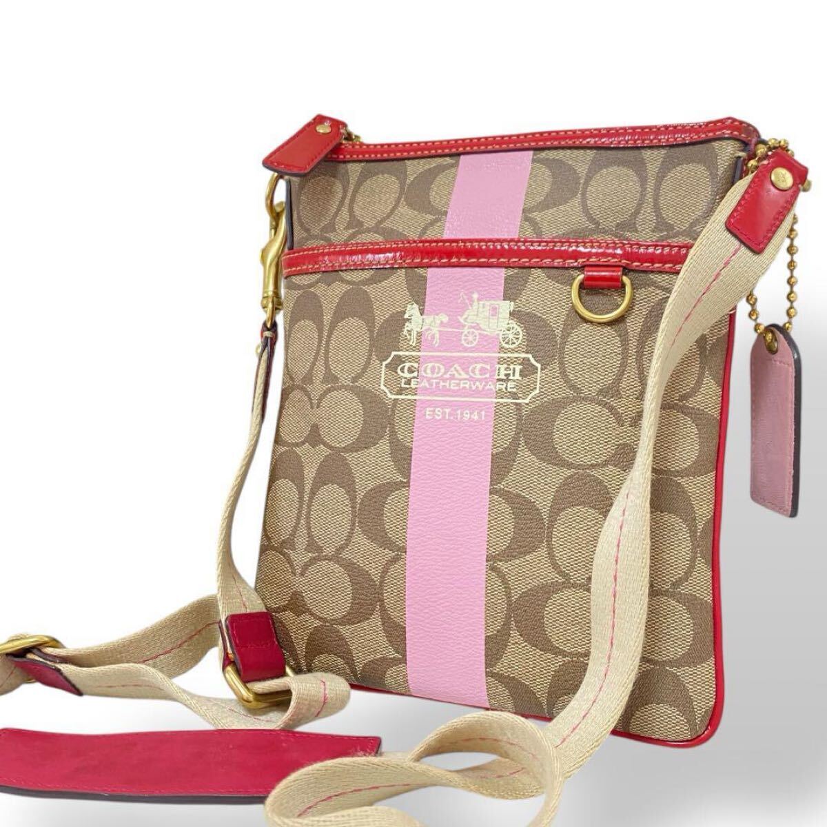COACH コーチ ショルダーバッグ シグネチャー pvcレザー 赤 ピンク 斜め掛け拍卖